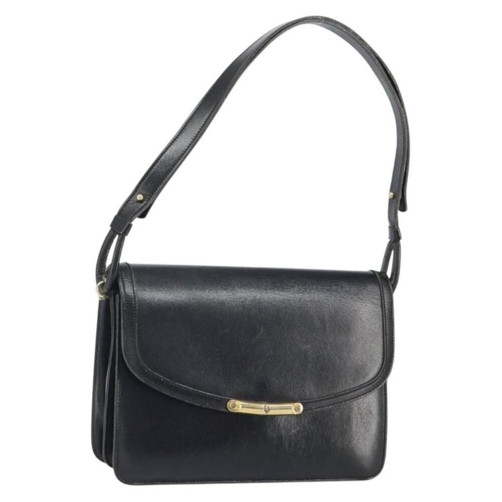 Authentic Christian Dior Shoulder Bag Leather Black Gold
